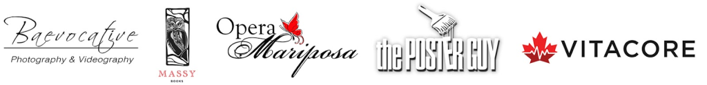 Logos of Baevocative Photography and Videography, Massy Books, Opera Mariposa, the Poster Guy, and Vitacore.