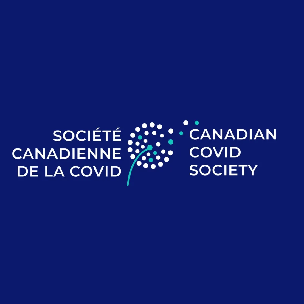 blue, white and teal Canadian Covid Society / Société Canadienne de la Covid logo, with the symbol of a stylized dandelion seedhead that looks a bit like a coronavirus particle