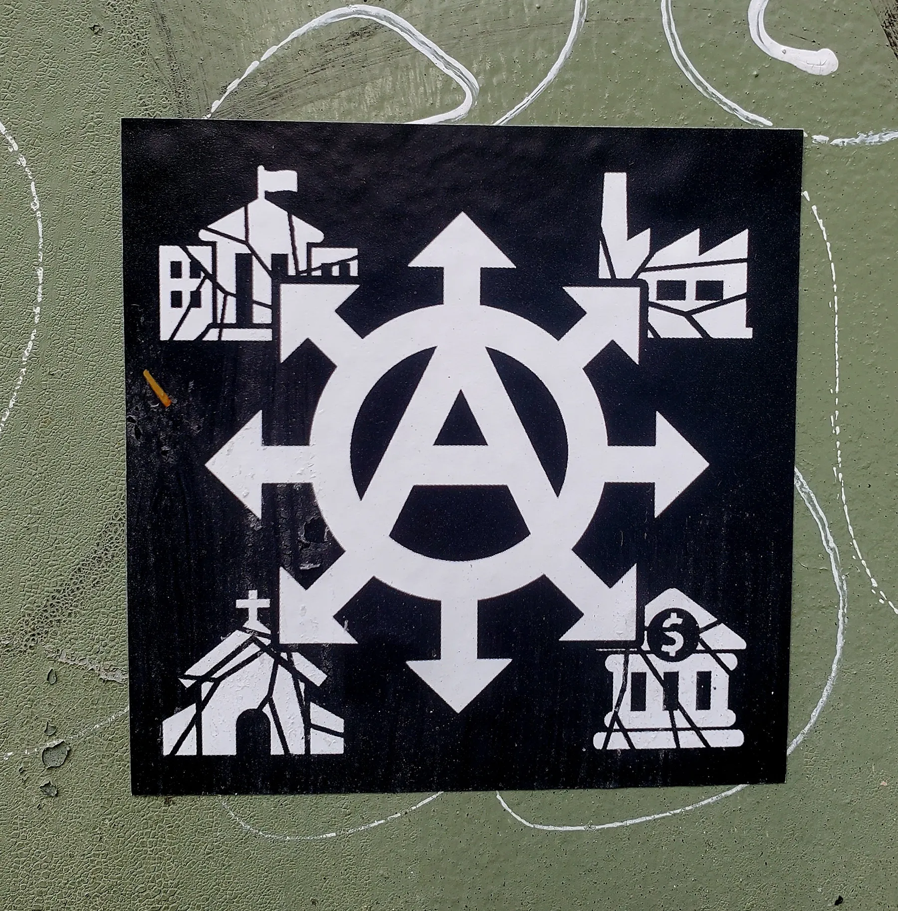 White symbol with the letter A surrounded by a circle and radiating arrows, against a black background. In the corners are stylized images of a shattering government building, church, bank, and factory.