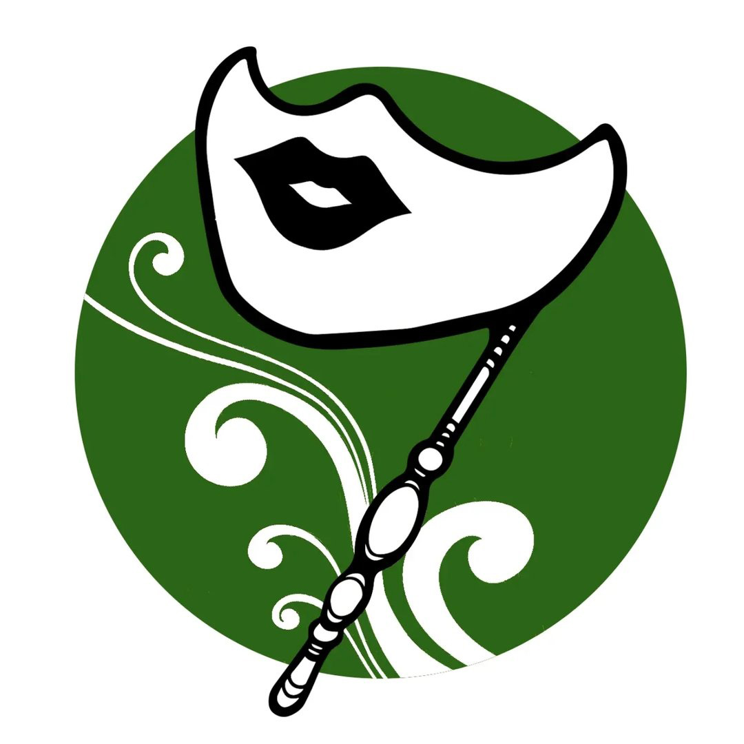 Maskquerade Events logo with a lower face maskquerade mask on a green circle, with ornate white curlicues