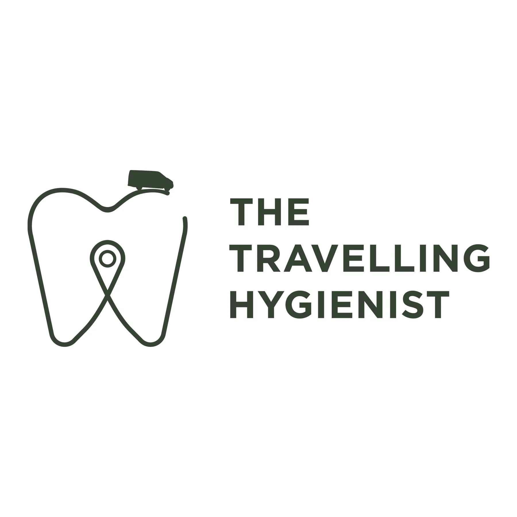 The Travelling Hygienist logo, with a stylized illustration of a tooth that's also shaped like a road, with a small van travelling on it