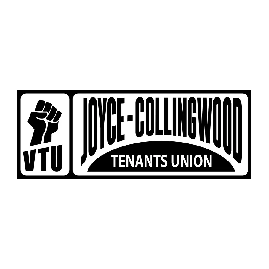 Black and white logo for VTU Joyce-Collingwood Tenants Union, featuring a raised fist