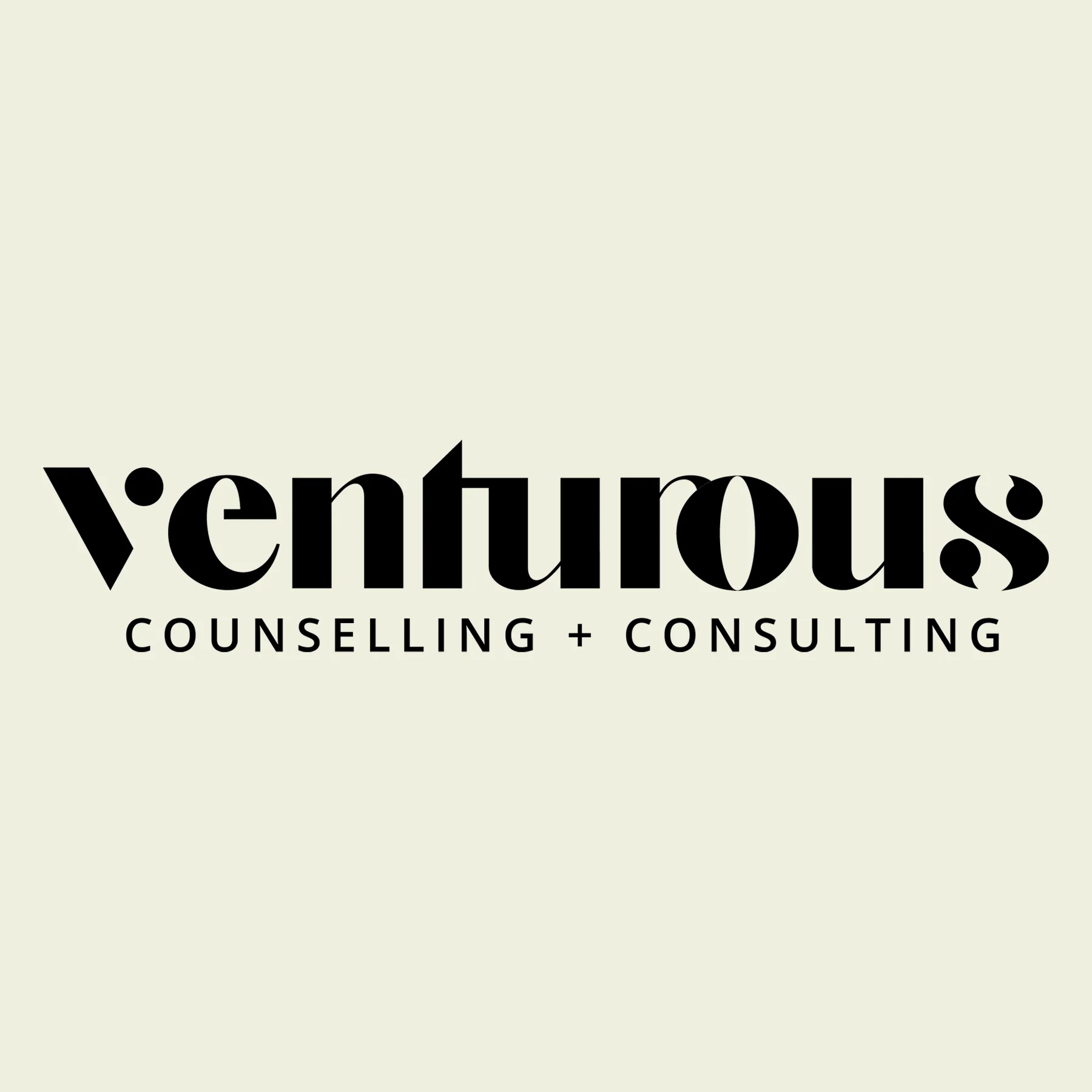 Venturous counselling and consulting logo, featuring dark text against a soft sage green-beige background