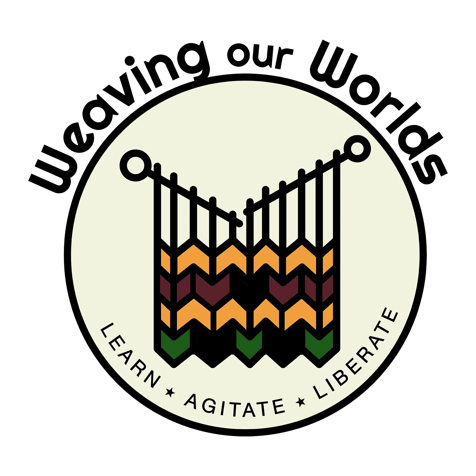 Weaving Our Worlds logo with a stylized yellow, brown and green crochet symbol and the slogan Learn, agitate, liberate